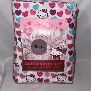 NWT Hello Kitty Queen Sheet Set Pink Purple Hearts 100% Cotton